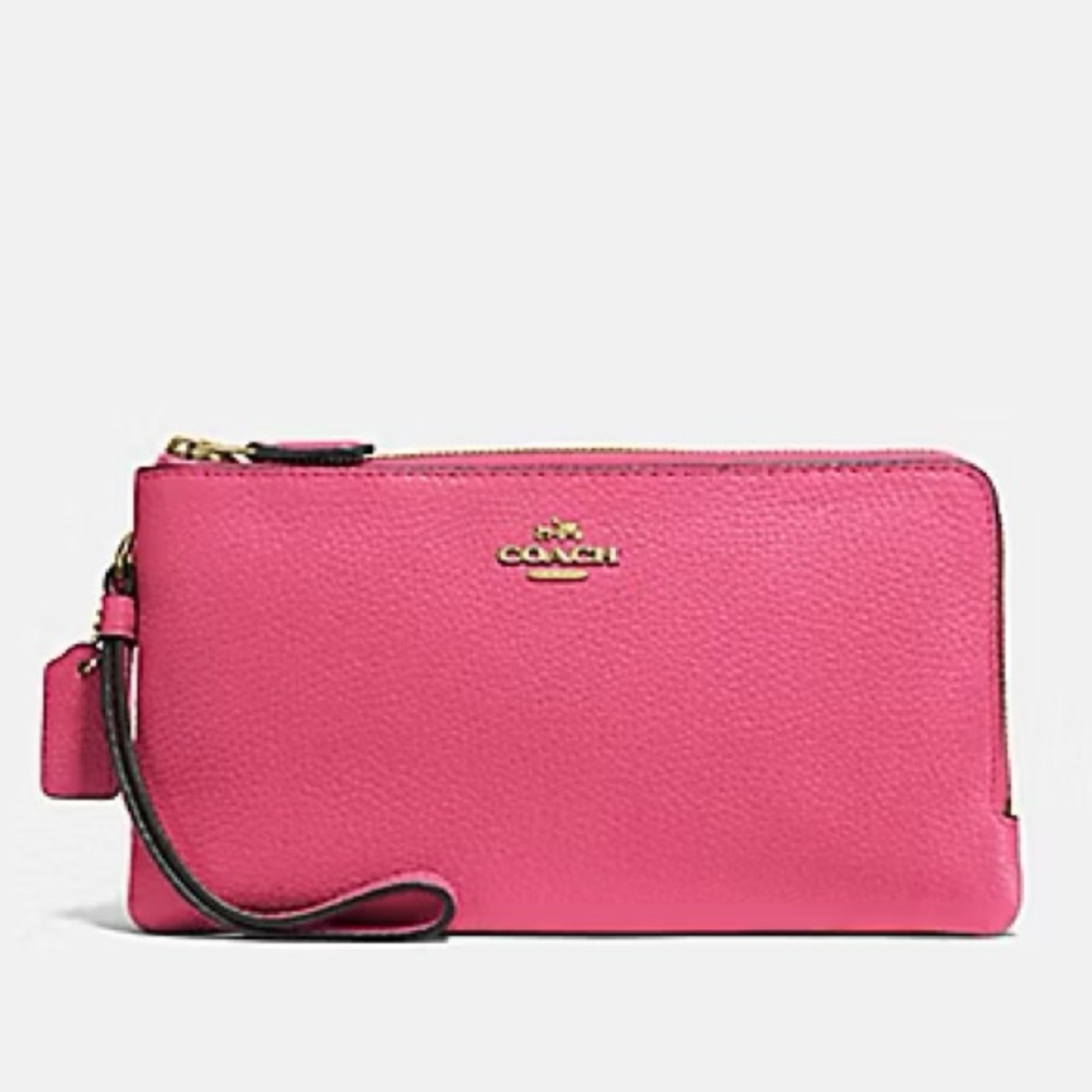 Coach Pebbled Leather Double Zip Wallet in Confetti Pink w/ Wristlet Strap